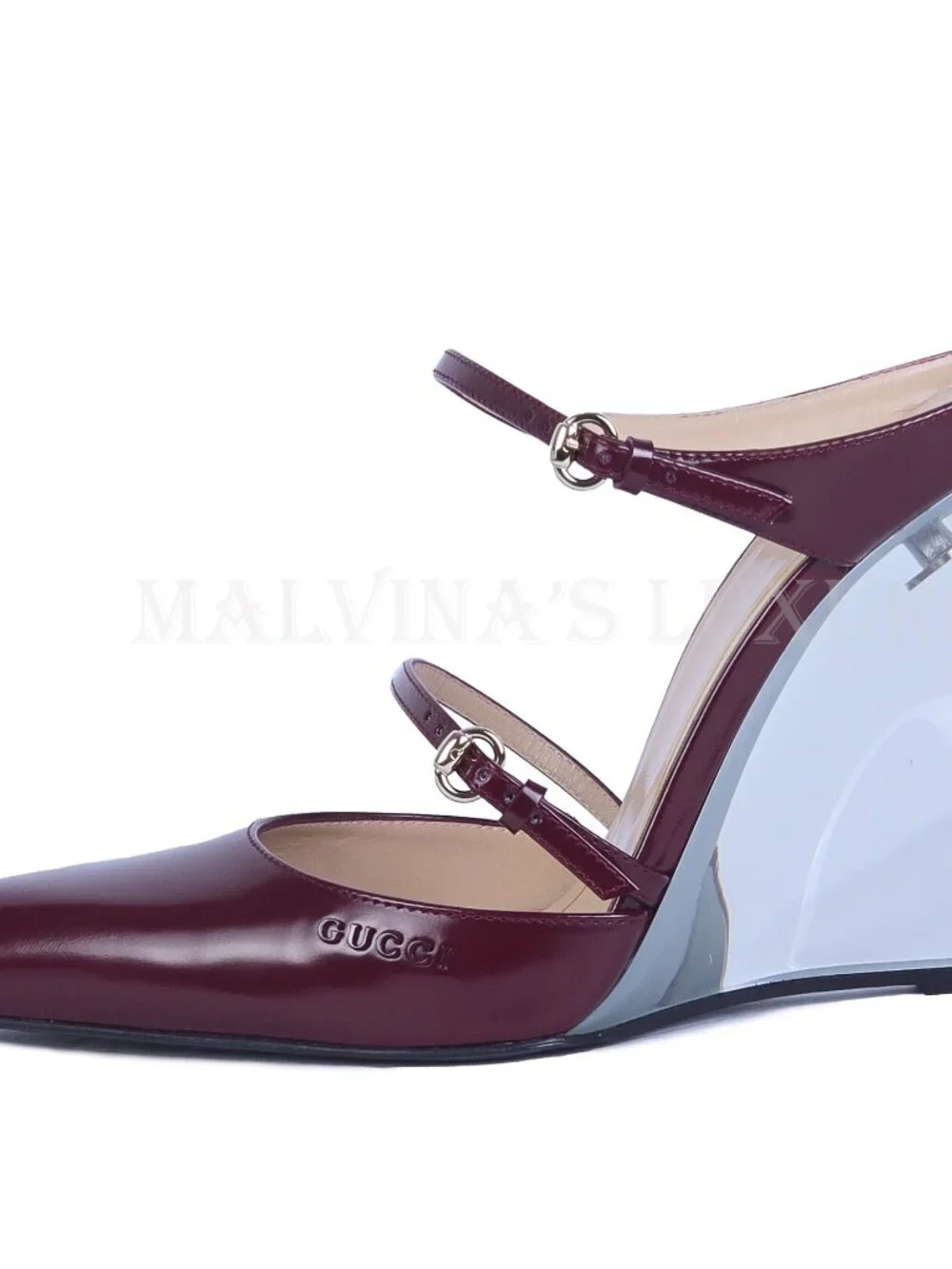 GUCCI SHOES LEATHER w LUCITE WEDGE MULES LOGO EMBOSSED  sz 38 8